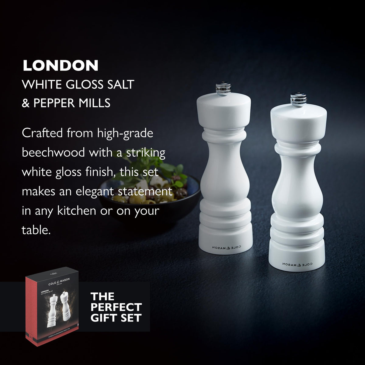 Cole & Mason London Refillable Spice Mill - Kitchen & Home Accessory - Salt & Pepper Grinder Set - Salt Mill with Ceramic Mechanism - Pepper Mill with Carbon Steel Mechanism - 7", White Gloss