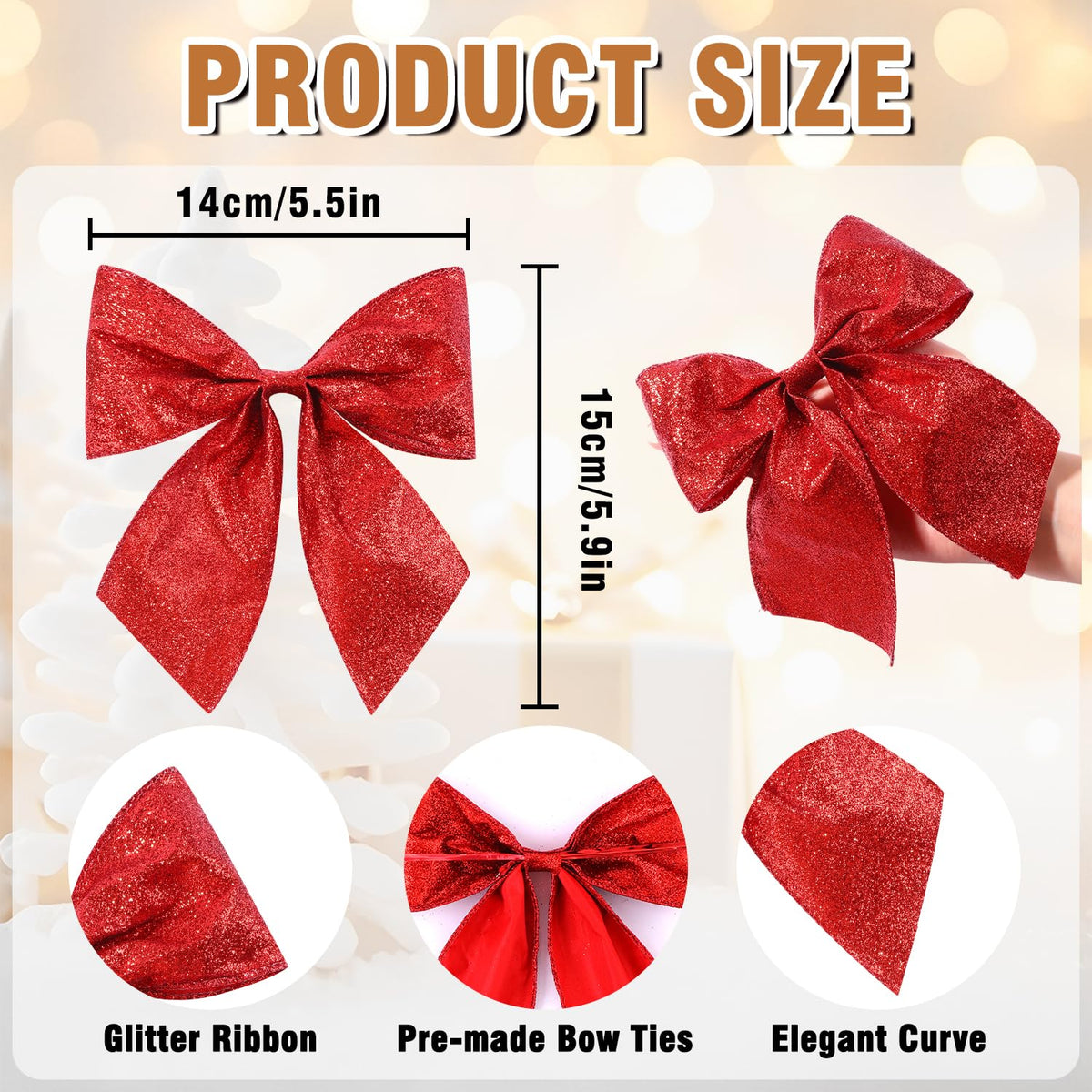 JOICEE 12 Pcs Glitter Ribbon Christmas Bows with Twist Ties,5.5 Inch Premade Metallic Xmas Bows for Christmas Trees Garland Wreath Gift Wrapping Decorations (Red)