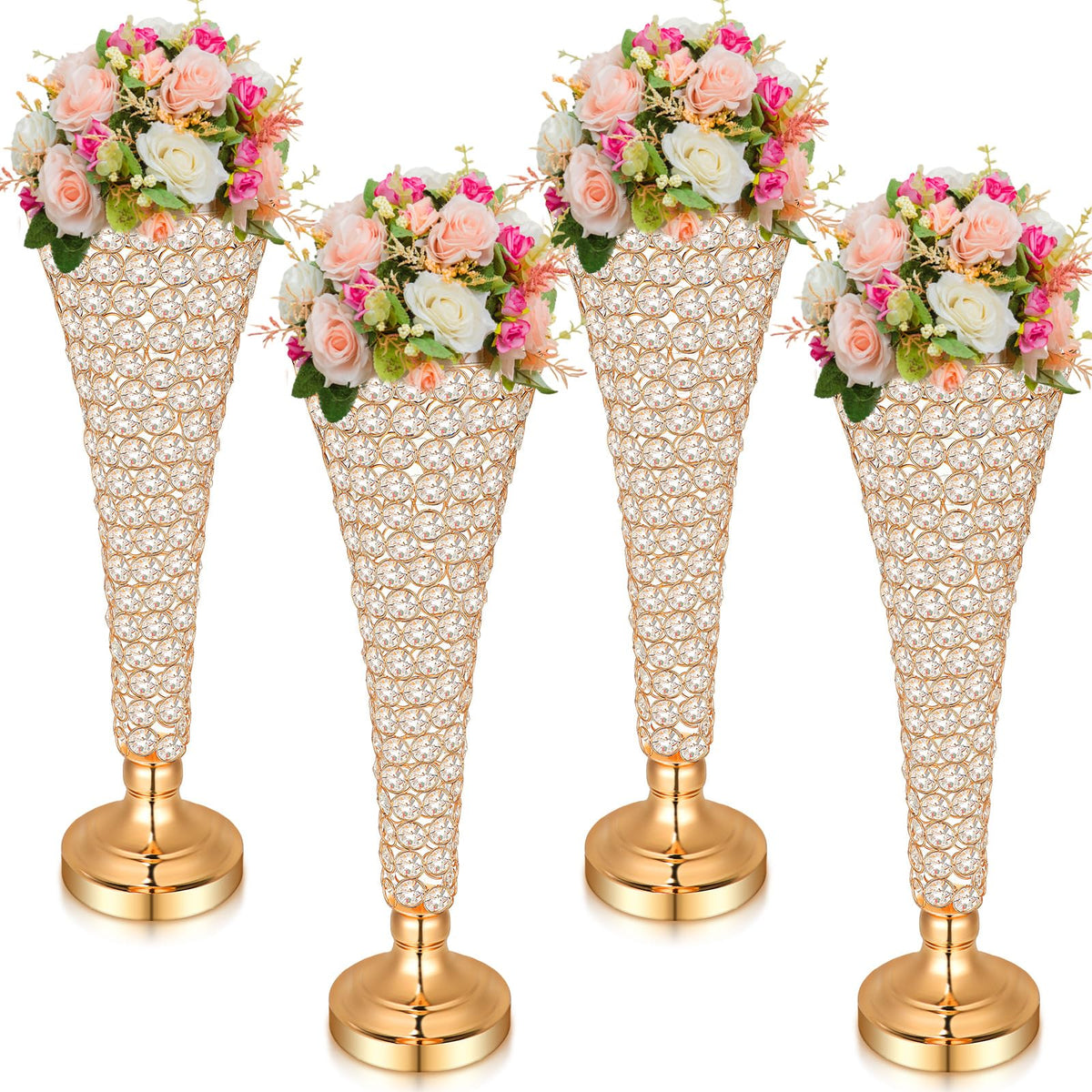 Rtteri 4 Pcs 20 Inch Tall Crystal Vase for Centerpieces Wedding Metal Crystal Trumpet Flower Vase Stand for Holiday Table Floor Wedding Banquet Celebration, Classic Elegance(Gold)
