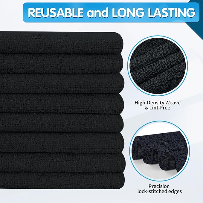 FIXSMITH Black Microfiber Cleaning Cloth -Pack of 8, Highly Absorbent Cleaning