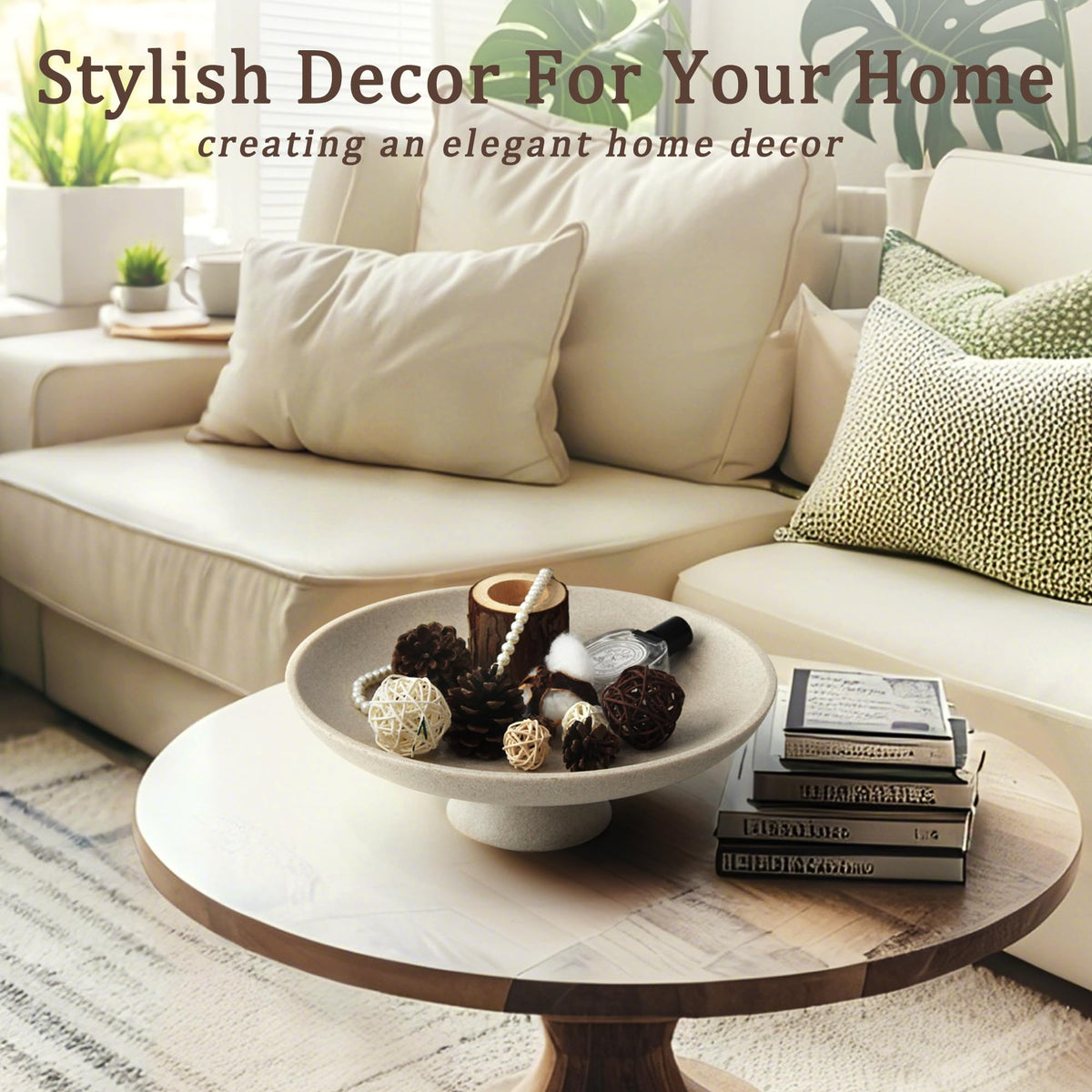 YMXYJM Modern Resin Pedestal Decorative Bowl, Large Fruit Bowl for Kitchen Counter, Stylish Key Bowl for Entryway Table, Beige