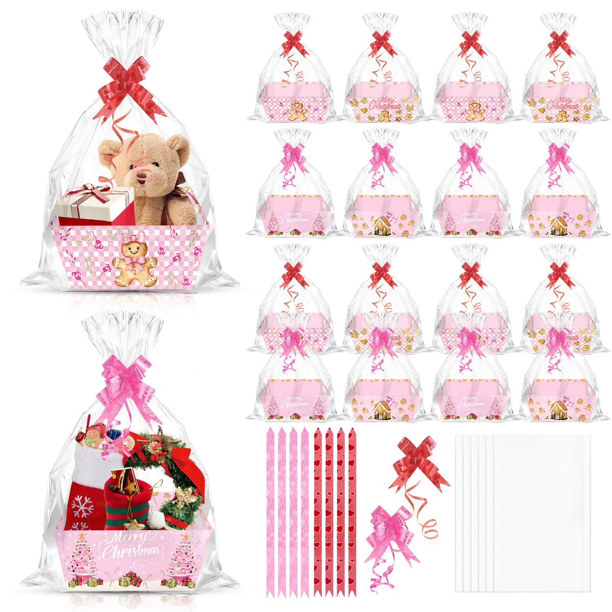 CIEOVO 24 Set Christmas Party Baskets with Cellophane Bows Market Tray Pink Christmas Baskets for Gifts Empty Gingerbread Man Cardboard Bags for Xmas Holiday Party Decor