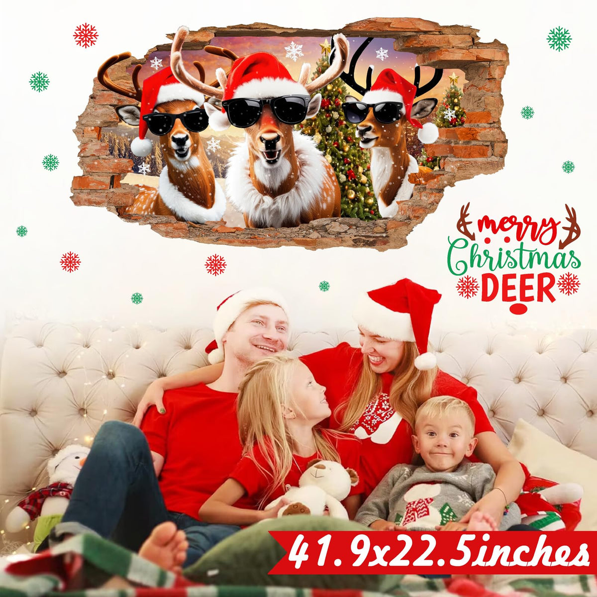 Christmas Wall Stickers Decoration Merry Christmas Wall Decals Peel and Stick 3D Winter Broken Walls Sticker Indoor Xmas Cartoon Deer Vinyl Art Mural for 2026 New Year Holiday Party Supplies