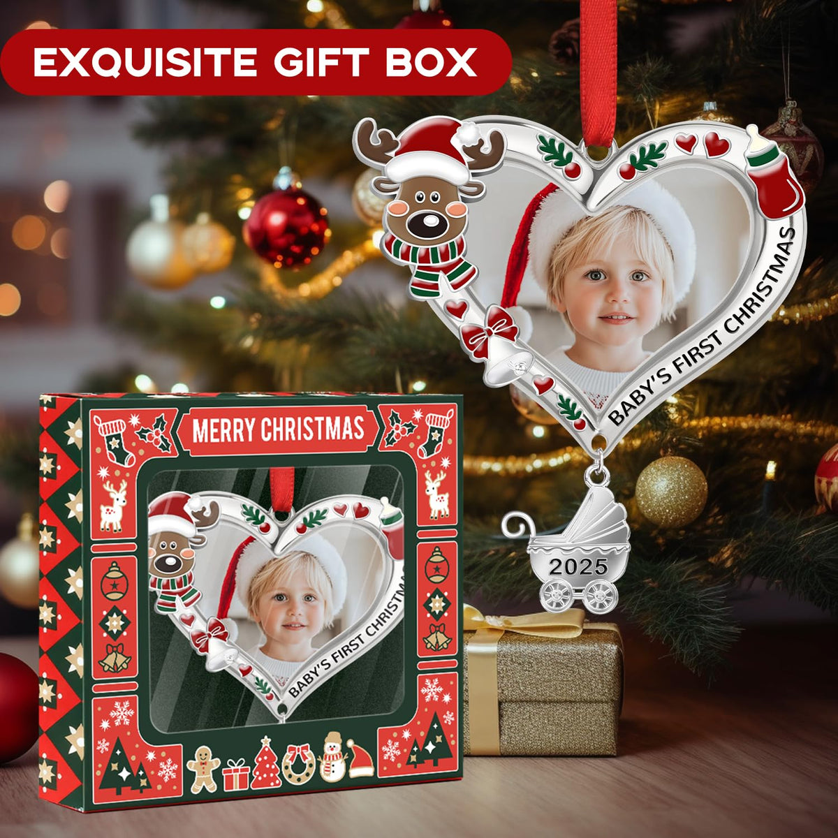 Baby's First Christmas Ornament 2025 – My First Christmas Baby Girl Boy Xmas Tree Picture Frame Reindeer Ornament 2025 – Personalized 1st Christmas Baby Ornament