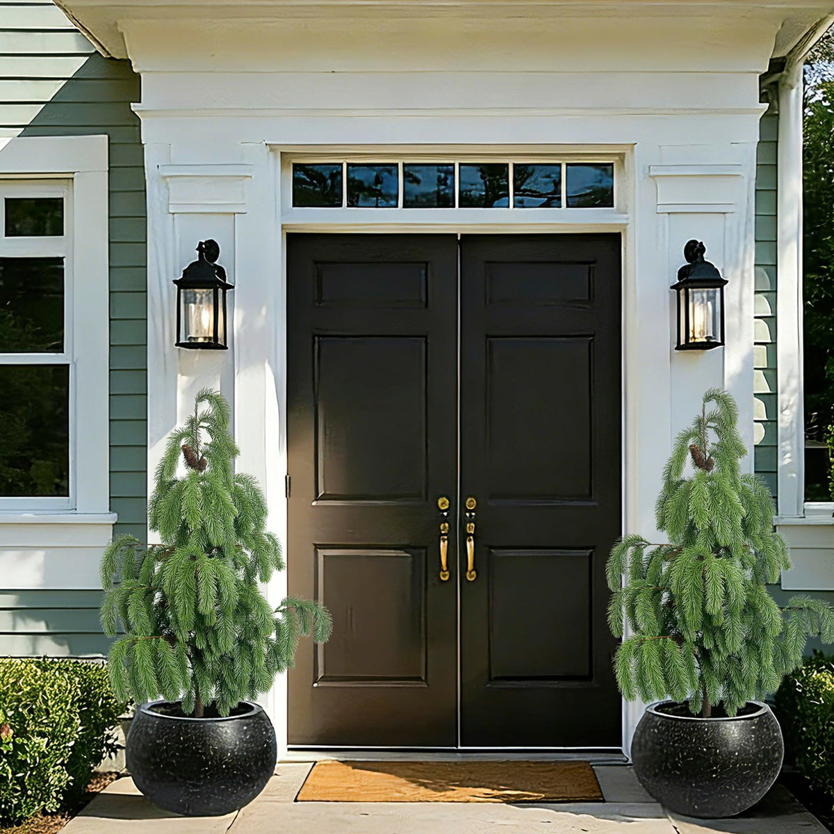 4FT Artificial Norfolk Pine Tree 2-Pack, Real Touch Faux Potted Plants in Black Pot, Fake Christmas Greenery for Indoor Outdoor Front Porch, Entryway, Year-Round Home Decor & Housewarming Gift