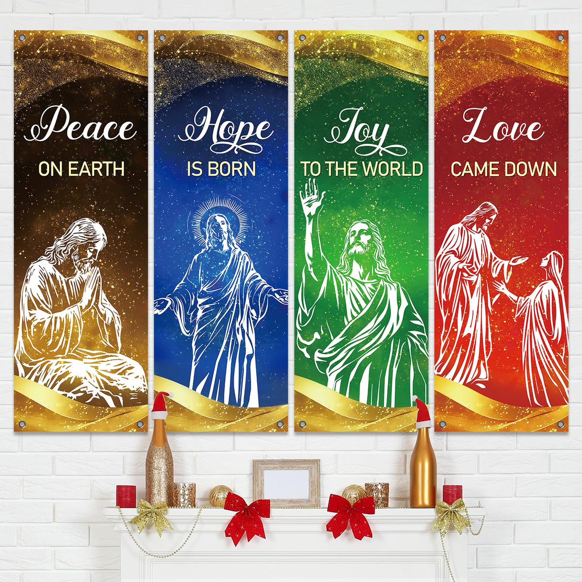 4Pcs Christmas Church Banners for Sanctuary Wall Love Hope Joy Peace Religious Banners Hanging Backdrop Gold Glitter Jesus Christian Banner with Scripture Bible Verse Banner for Holiday School Decor