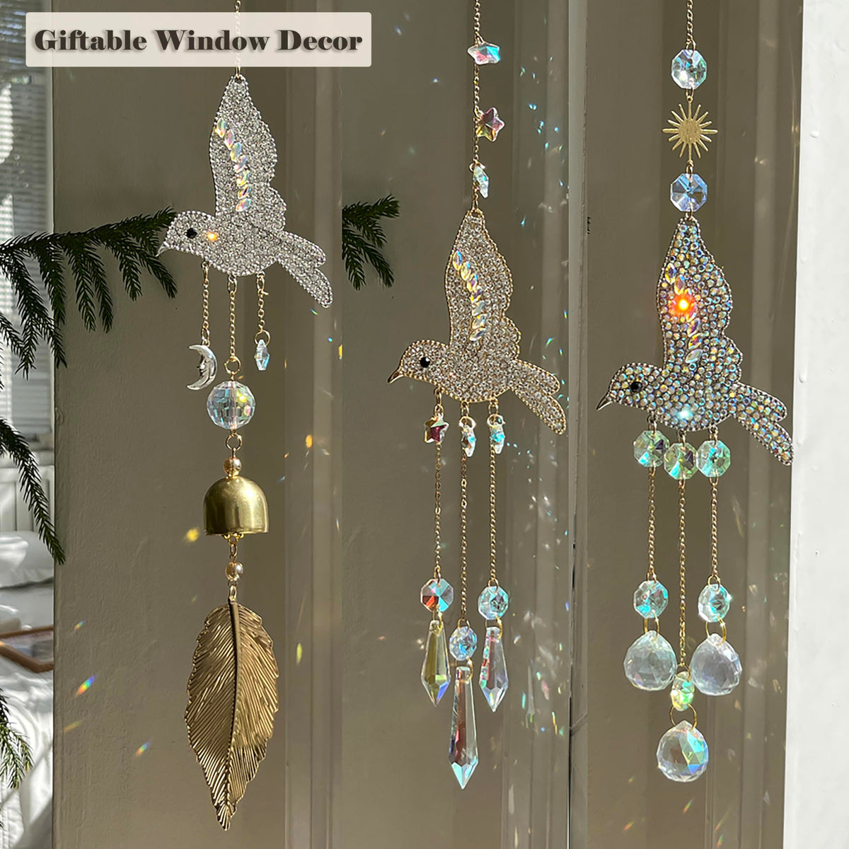 JINYOND Hummingbird Crystal Suncatcher for Window Hanging, Rainbow Maker Prism Ornament with Hook, Sparkling Sun Catcher Decor for Home, Patio, Garden, Bird Lover Gift (Crystal Ball)
