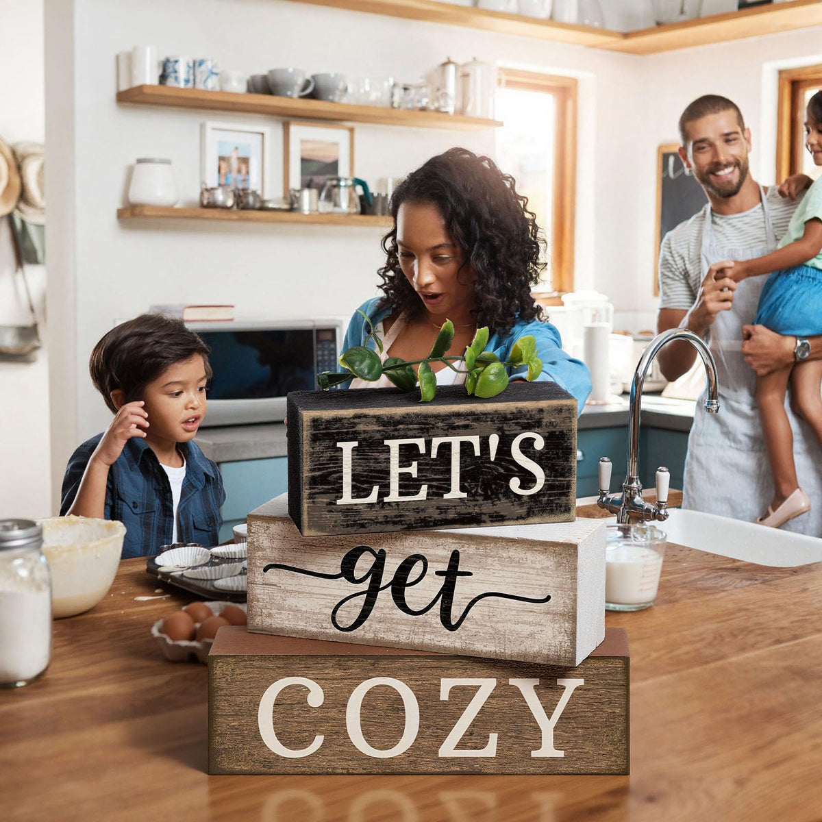 Moucuny 4 Pcs Farmhouse Table Decor Inspirational Wooden Signs Rustic Eucalyptus Leaves Wooden Block Sign Gift Let's Get Cozy Farmhouse Table Centerpiece for Living Room Housewarming Gift