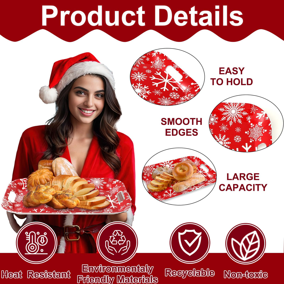 JarThenaAMCS 3Pcs Christmas Boho Serving Trays 16.4 x 11 Inch Xmas Tree Ball Snowflake Platter with Handles Reusable Serving Dishes for Winter Birthday Party Sharing Snacks Fruit Dessert