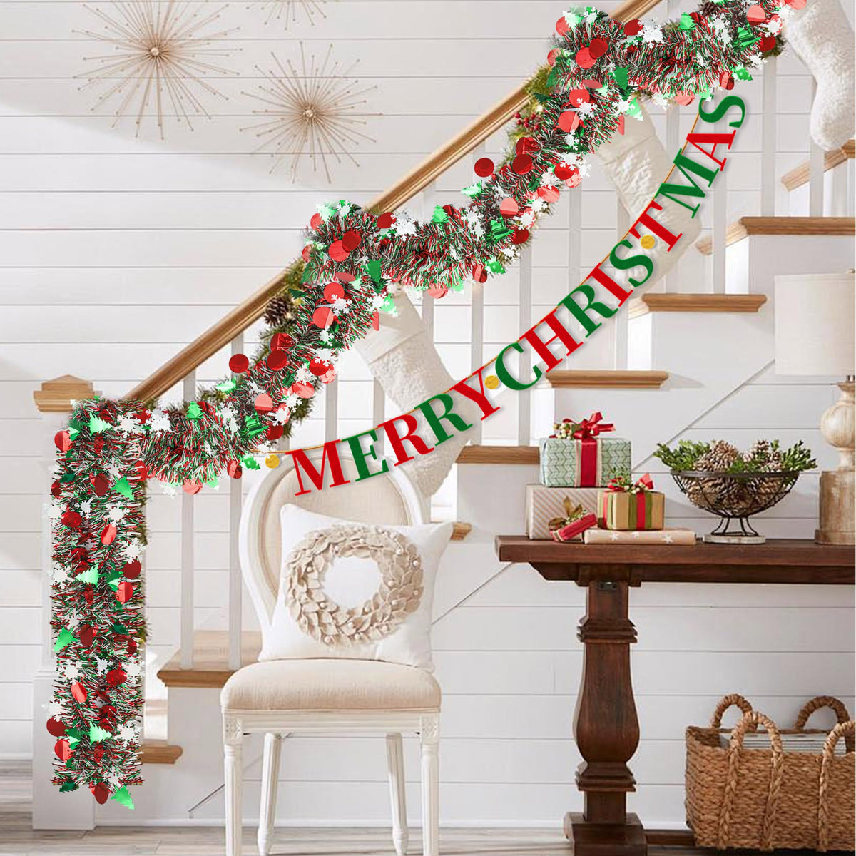 39ft Christmas Tinsel Garland Decorations Xmas Tree Glitter Metallic Twist Garland with Snowflake Hanging Decor for Mantel Stairs Home Indoor Outdoor Party Supplies