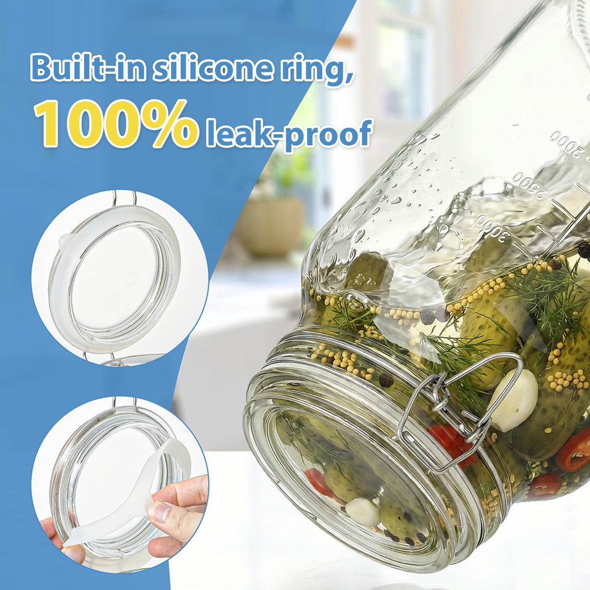 1 Gallon Super Wide Mouth Glass Storage Jars with Airtight Lids and 2 Measurement Marks, Leak Proof Glass Container with Hinged Lids, Large Pickle Jars with Labels and Silicone Gasket, 2 Pack