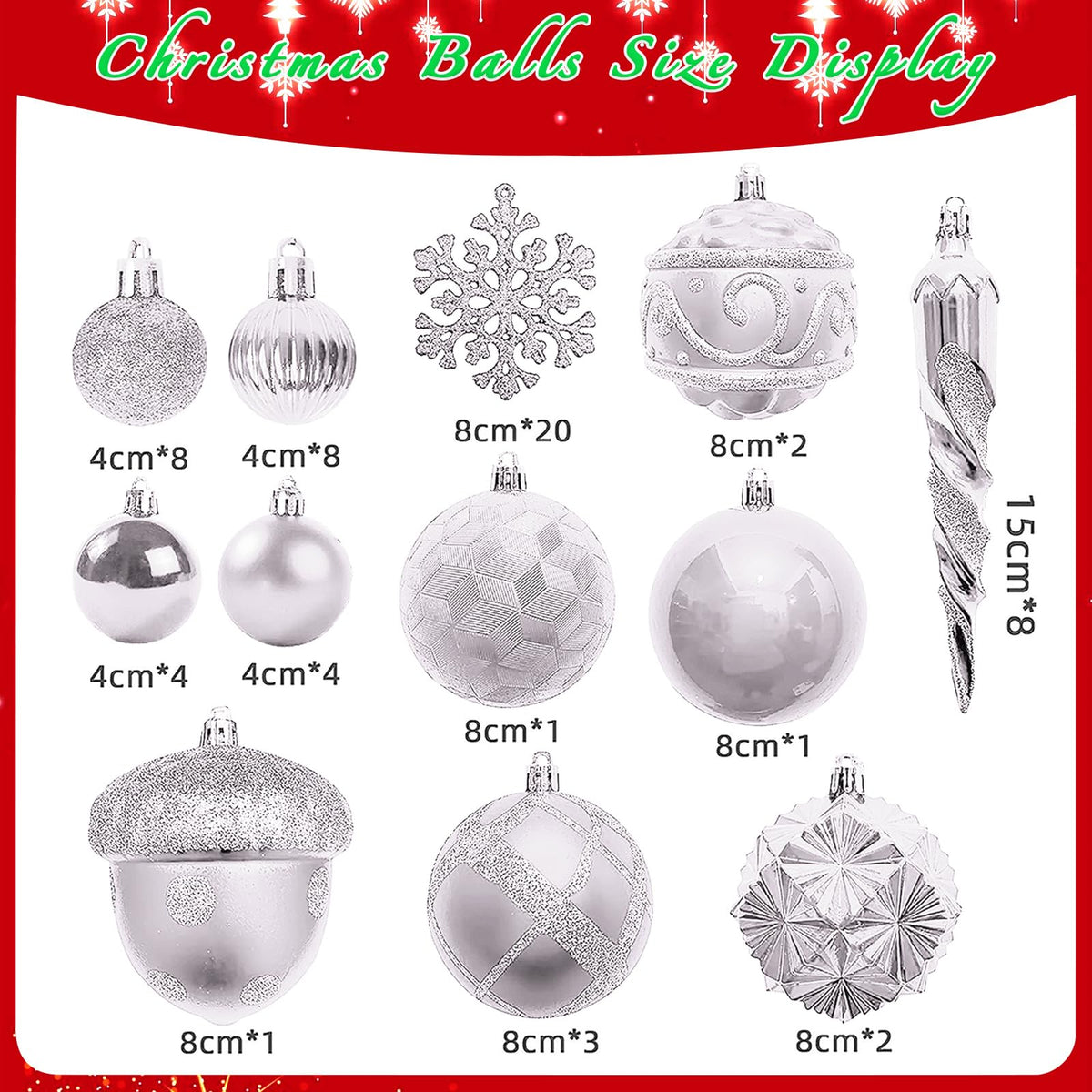 Napzy 62 Count Shatterproof Christmas Ball Ornaments Set, Silver Christmas Tree Decorations for Xmas Holiday Party Decor, Wreath and Garland Hanging Balls