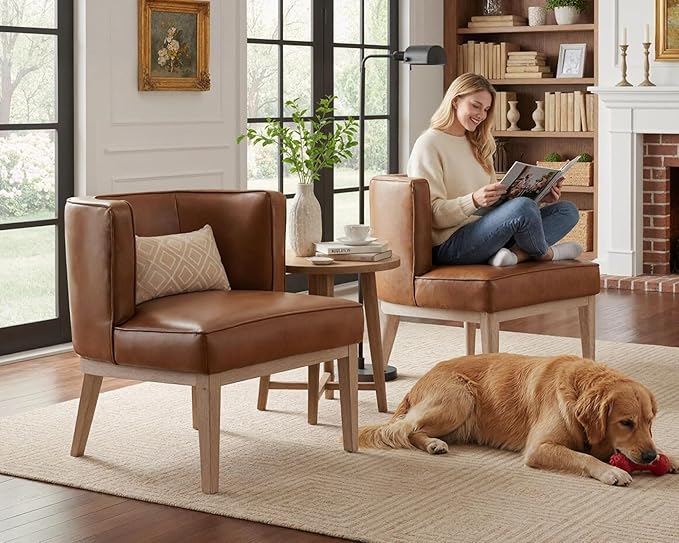 Brown Leather Barrel Chairs Set of 2