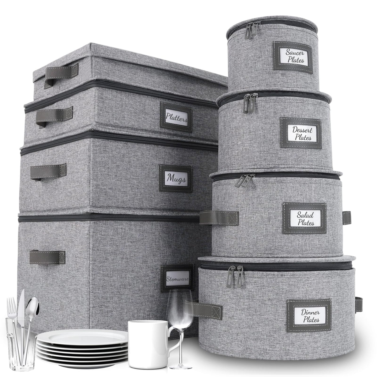 HOMELUX THEORY Hard Shell China Storage Containers, 8pc Light Gray Mug & Plate Storage Box, Kitchen Storage Bins With Lids, Heavy Duty Moving Box with Handles for Dishes, Silverware, Cup & Mug