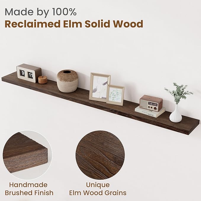 Floating Shelves for Wall Decor, 8 Inch Deep Rustic Solid Elm Wood Floating