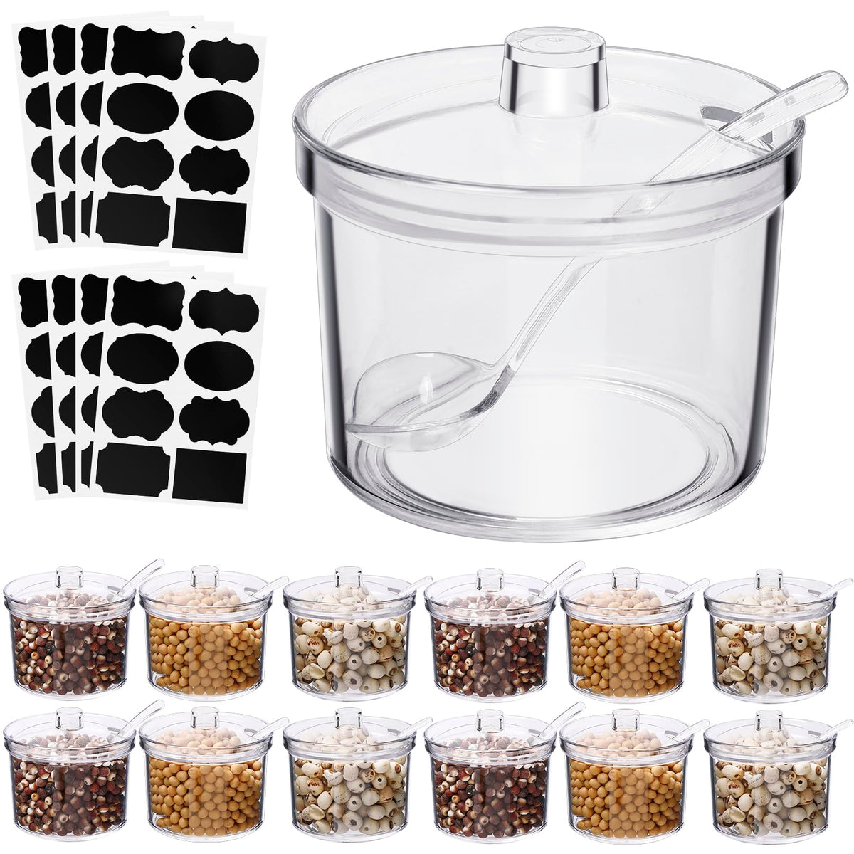 COCPOK 12 Pack Clear Sugar Bowls, 7.1 oz Acrylic Sugar Containers with Lids and Spoons with Tag, Dispenser Salt Bowl for Countertop, Toppings Containers for Serving Condimen Salt Tea Coffee Spices