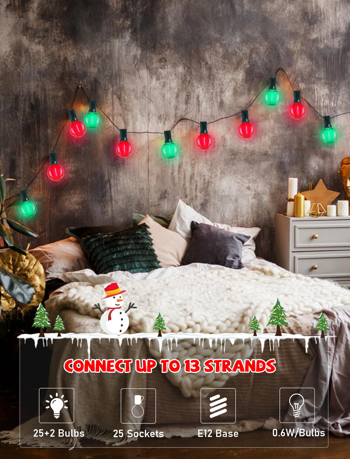 Romasaty G40 LED Christmas String Lights, 50FT Christmas G40 String Lights with 27 Shatterproof LED Clear Red Green Bulbs, Xmas Outdoor Decoration Lights for Patio Backyard Roofline Garden Yard