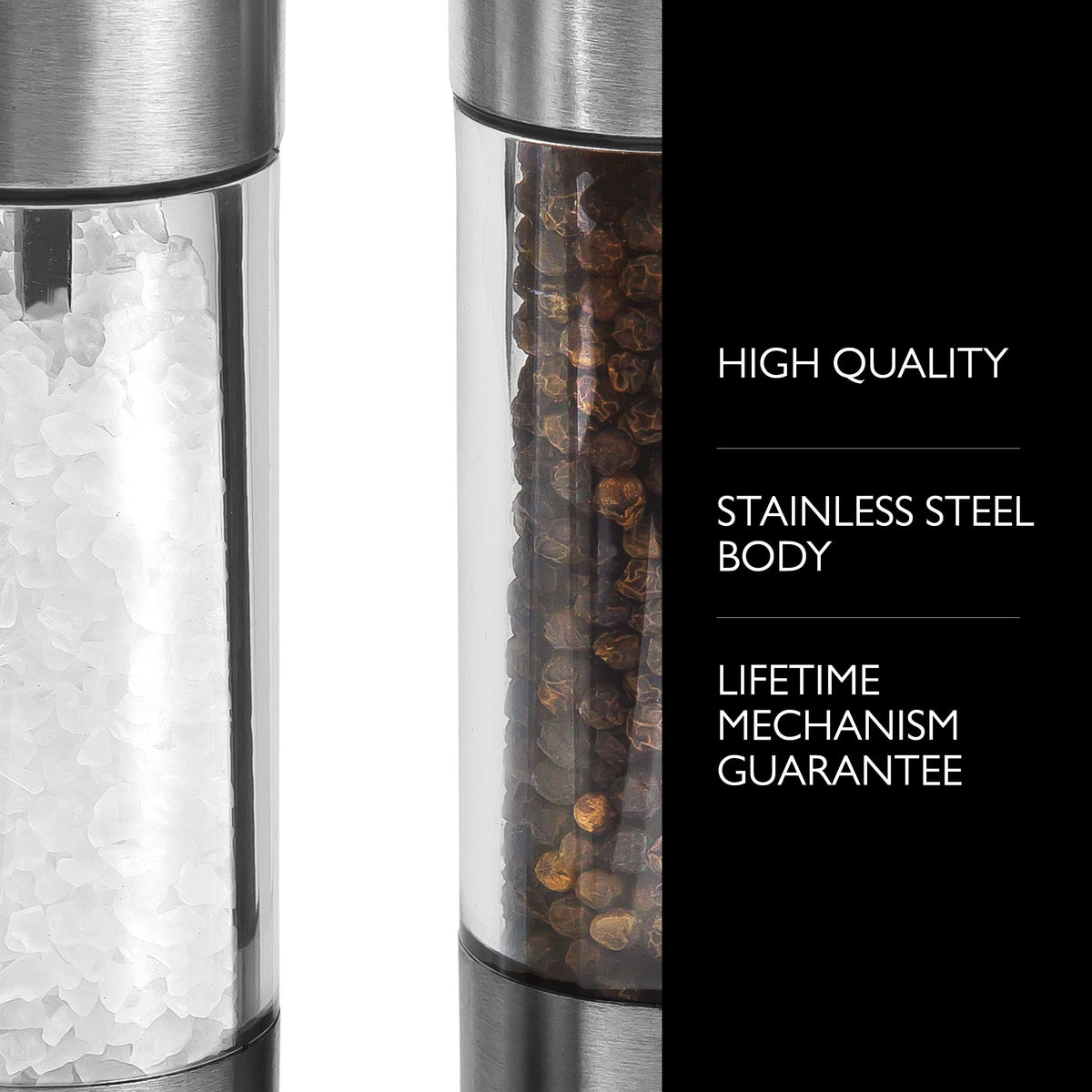 Cole & Mason Everyday Salt & Pepper Mill Gift Set - Filled Salt & Pepper Grinders - Refillable & Adjustable Mill Set - Acrylic & Stainless Steel Salt & Pepper Grinders - Hand Wash - Stainless Steel