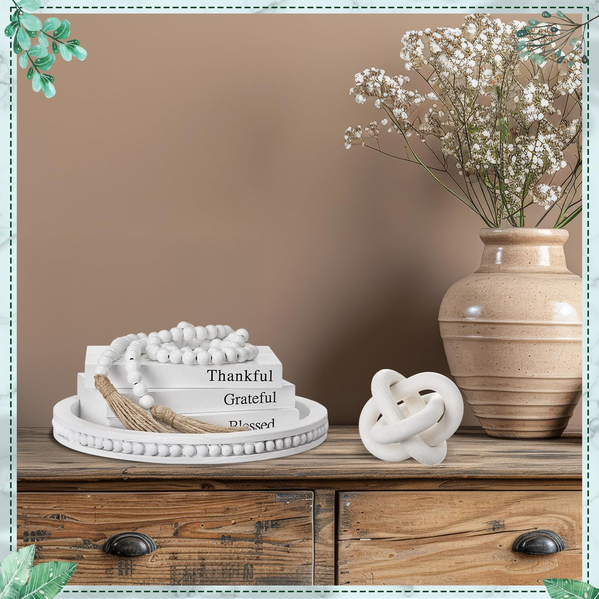 GlikCeil 6 Pcs Rustic Wooden Coffee Table Tray Decoration Set, Round Beaded Tray Wood Chain Bead Garland with Tassels and 3 Decorative Books for Farmhouse Living Room Home Decor(Thankful,White)
