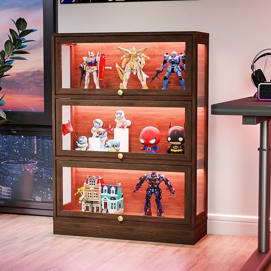 Display Cabinet with Acrylic Glass Doors, 3-Tiers Curio Cabinet with LED