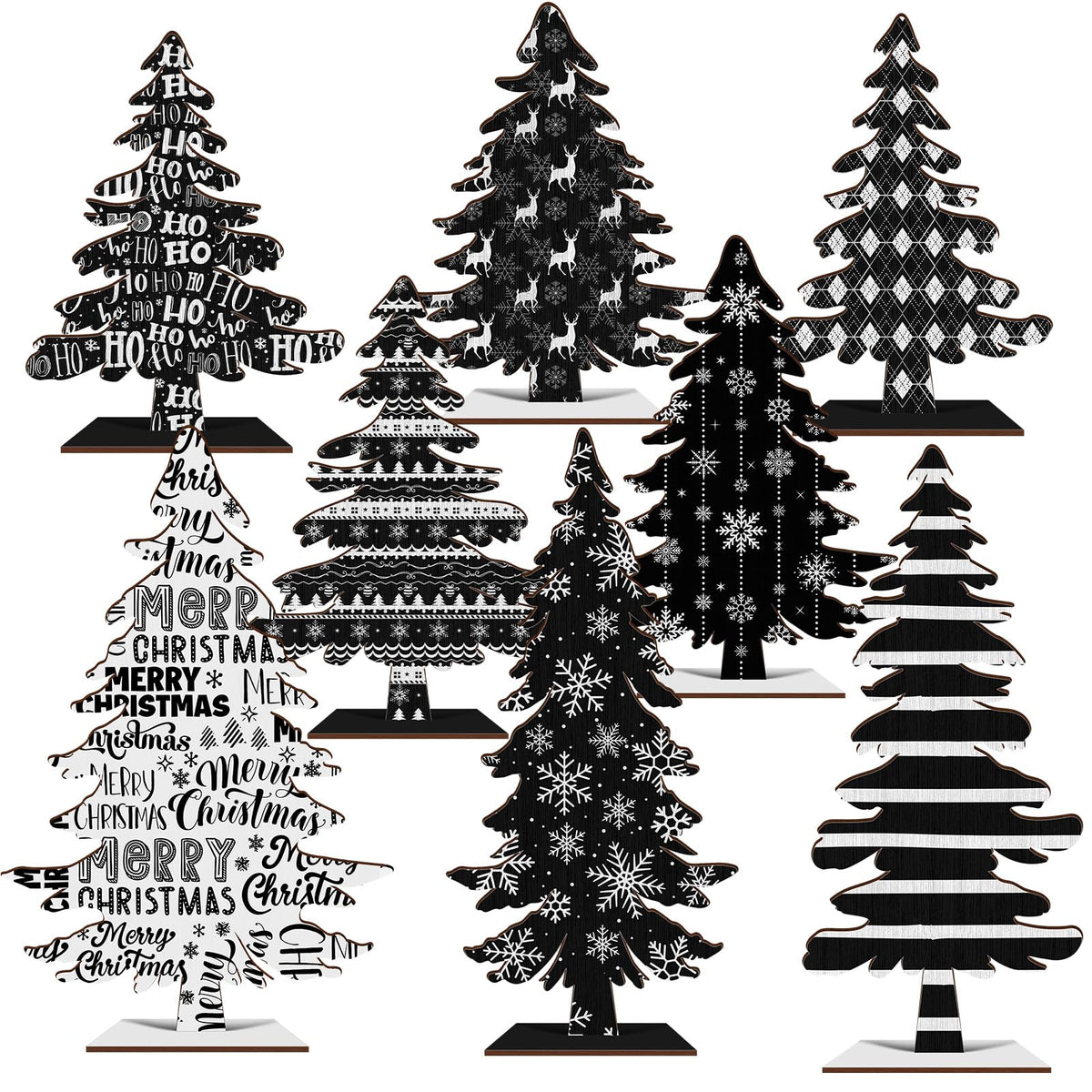 Cinrobiye 8 Pcs Christmas Table Decorations, Black White Christmas Tree Tabletop Centerpieces Farmhouse Rustic Wood Xmas Trees for Home Mantel Fireplace Winter Holiday Party Supplies Decor (Black)