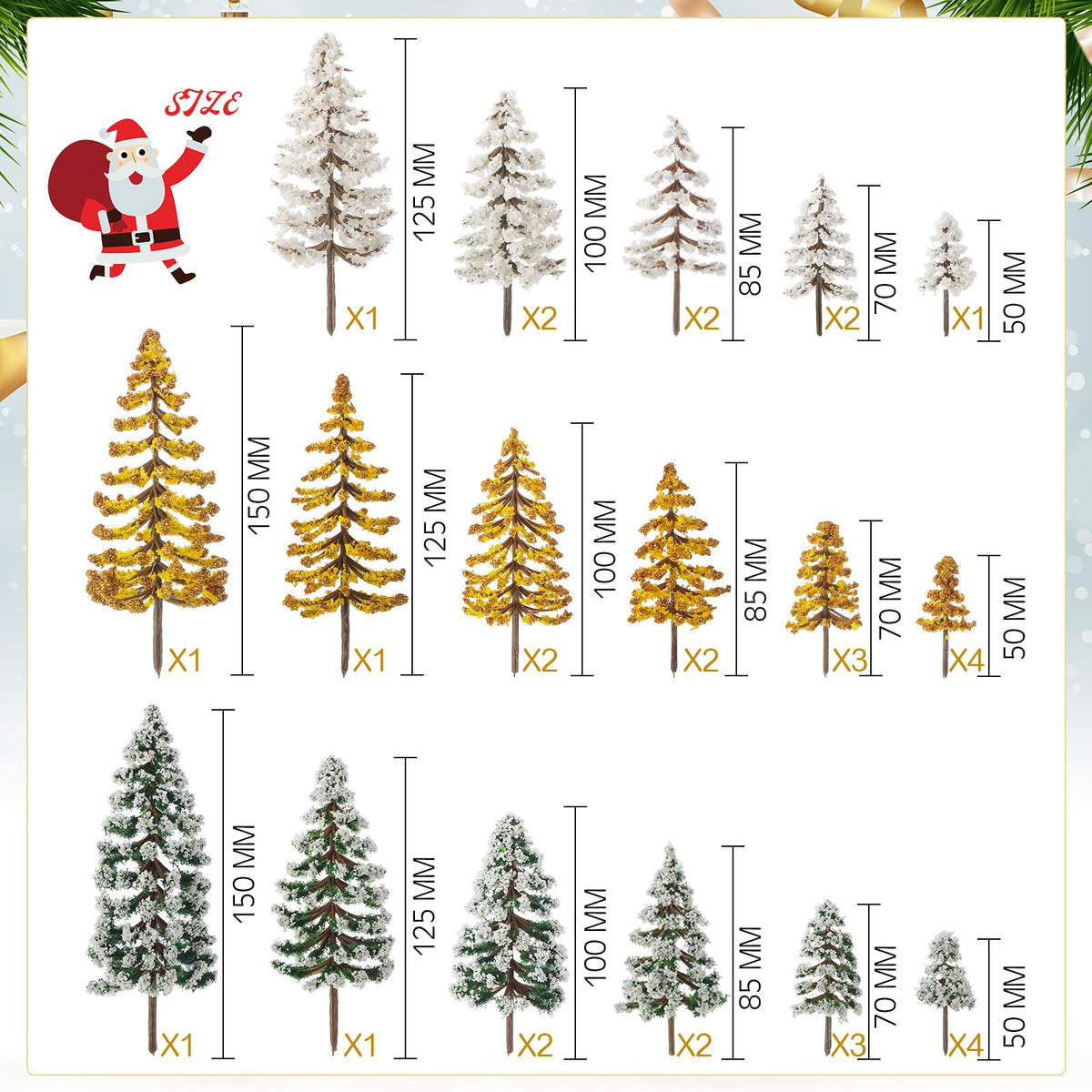Skylety 35 Pieces Model Trees 6.3-1.2 Inch Mixed Miniature Trees Diorama Supplies Fake Plants Train Scenery Landscape Christmas Village Architecture DIY Crafts(Dark Green, Gold, White,Snowy Cedar)