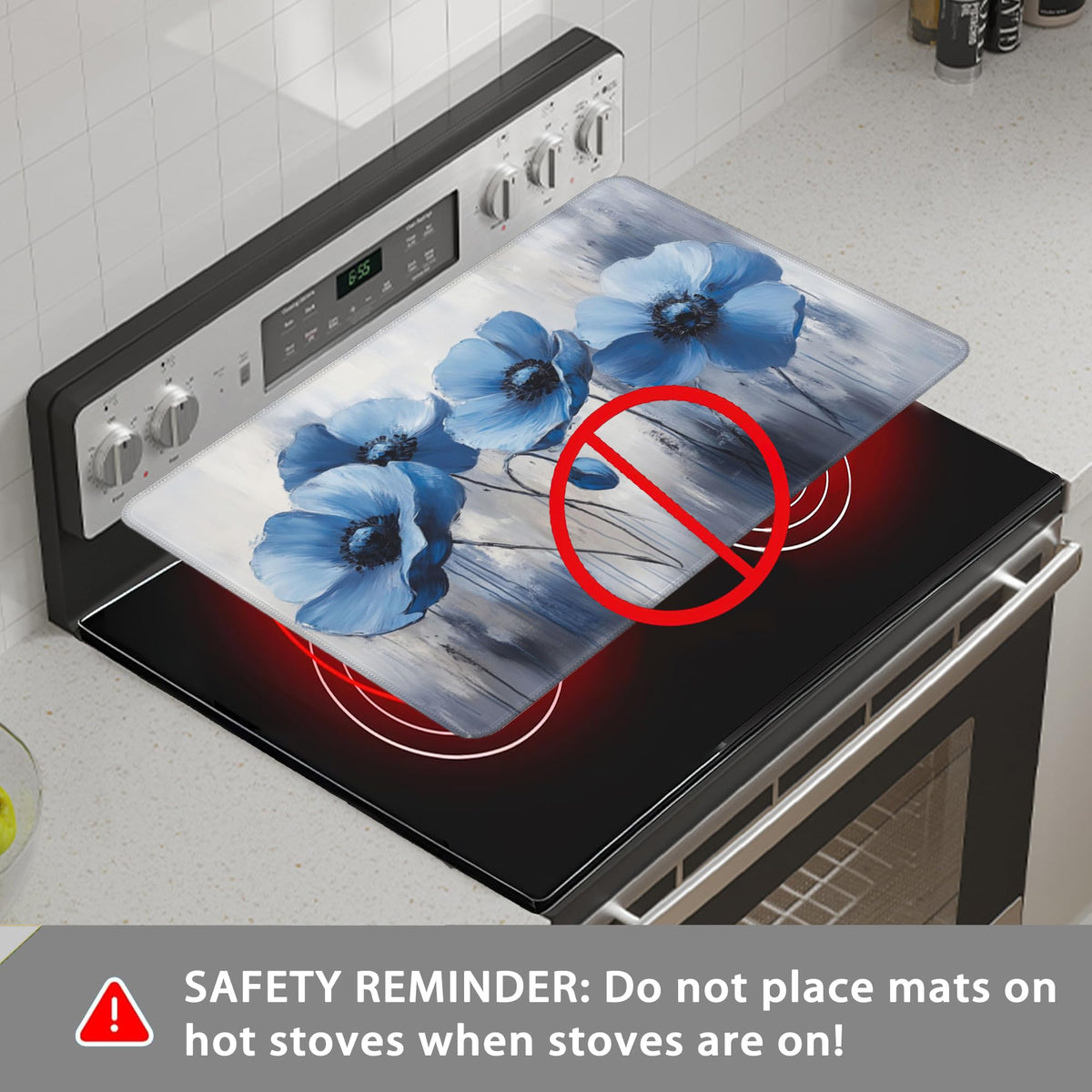 Stove Top Cover for Electric Stove,Vintage Blue Flower Anti-Slip Heat Resistant Rubber Flat Top Oven Cover Mat, Dish Drying Mat 28.5'' x 20.5''
