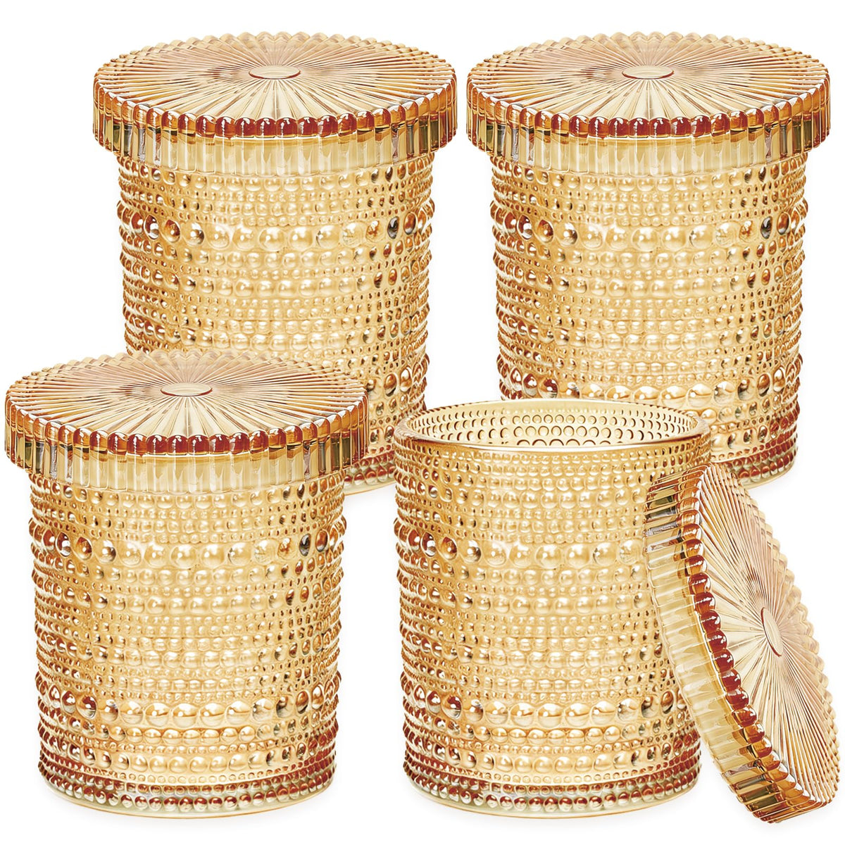 Flrolove 4-Pack Glass Qtip Holder Dispenser, 10oz Bathroom Organizers and Storage, Hobnail Cotton Round Holder for Qtips, Cotton Rounds, Balls & Floss Picks, Vanity & Makeup Apothecary Jars (Amber)