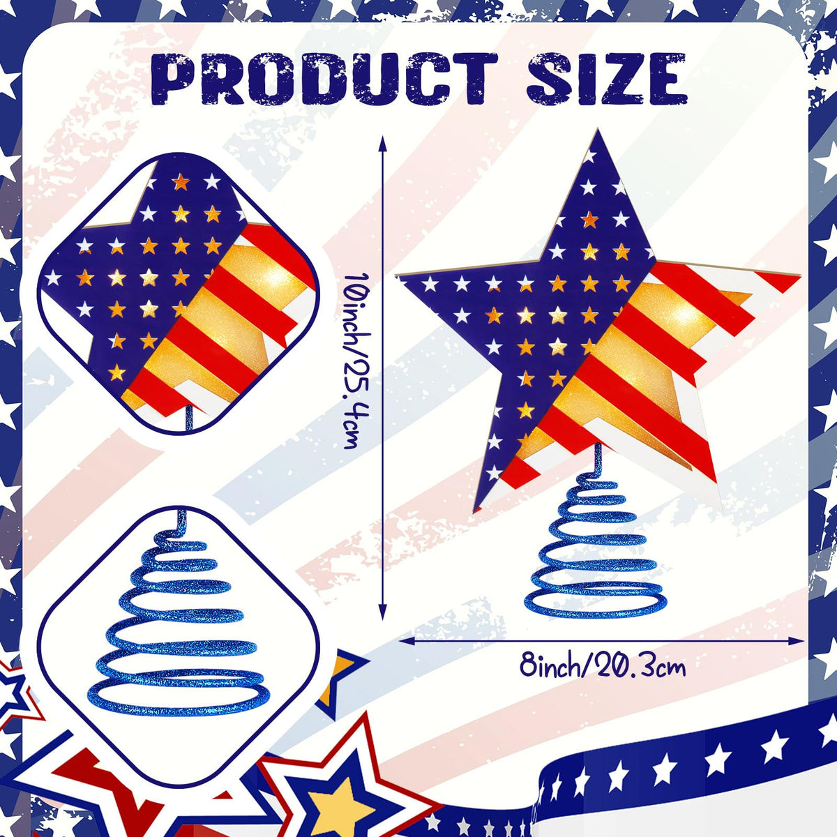 Craftsatin 9.2 Inch 4th of July Tree Topper Wooden Red White and Blue Patriotic 250th Star Tree Topper Happy Independence Day with LED Light for Party Decoration Tabletop Display Birthday Gift