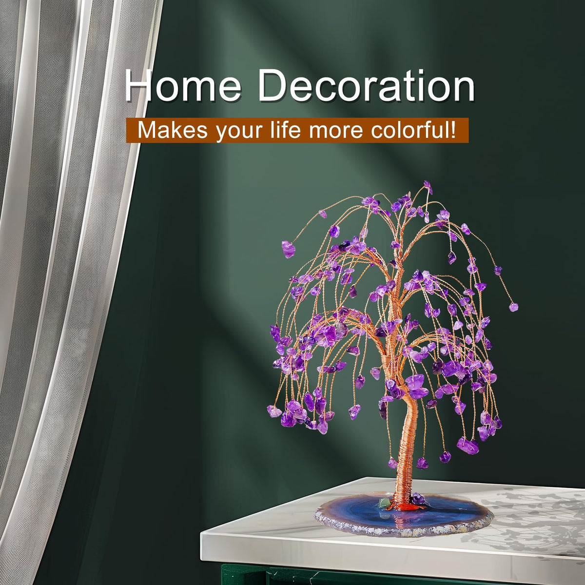 Runyangshi Natural Amethyst Crystal Tree of Life Handmade with Copper Wire - 7-8" Healing Crystals Gemstone Willow Tree Geode Agate Slices Base for Home Decor, Feng Shui Gifts, Office Desk Ornament