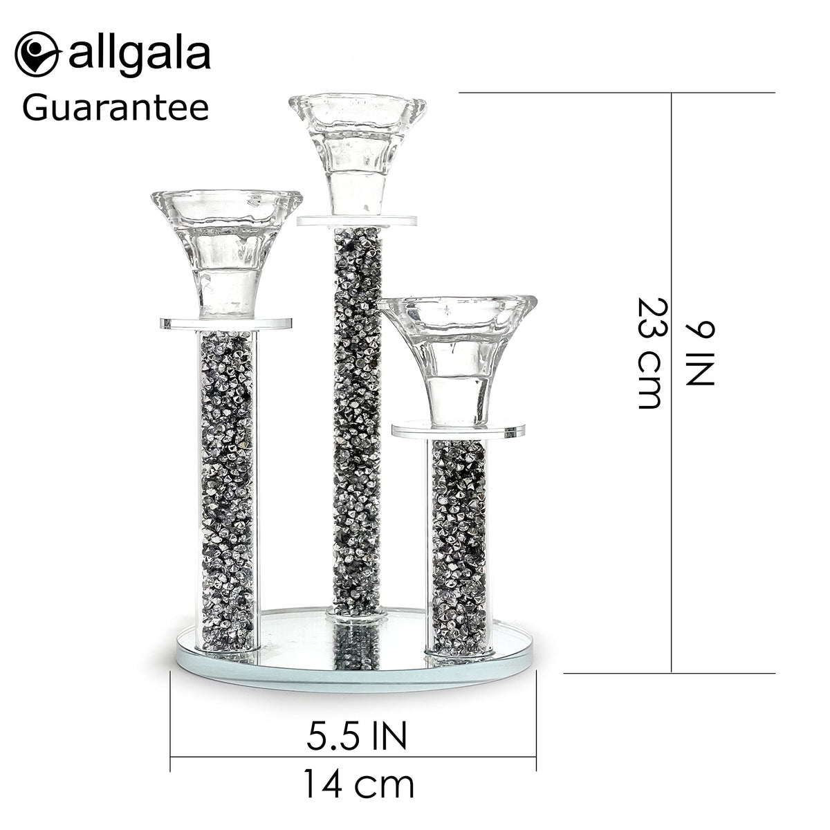 Allgala 9 Inch Tall 3-Pillar Filled with Diamond Like Stone Filled Crystal Candlesticks with Mirror Base-Silver-HD89124