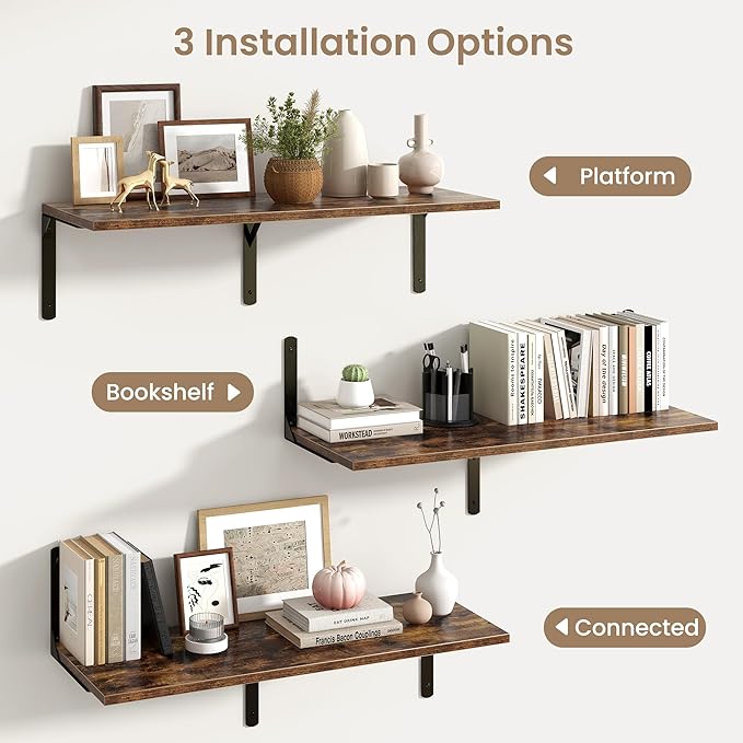 Fun Memories Rustic Brown 12 Inch Deep Floating Shelves Set of 2, Wall Mounted