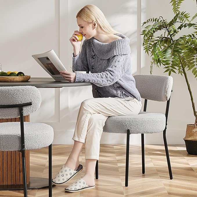 Sweetcrispy Dining Chairs Set of 2, Boucle Upholstered Modern Mid Century Round