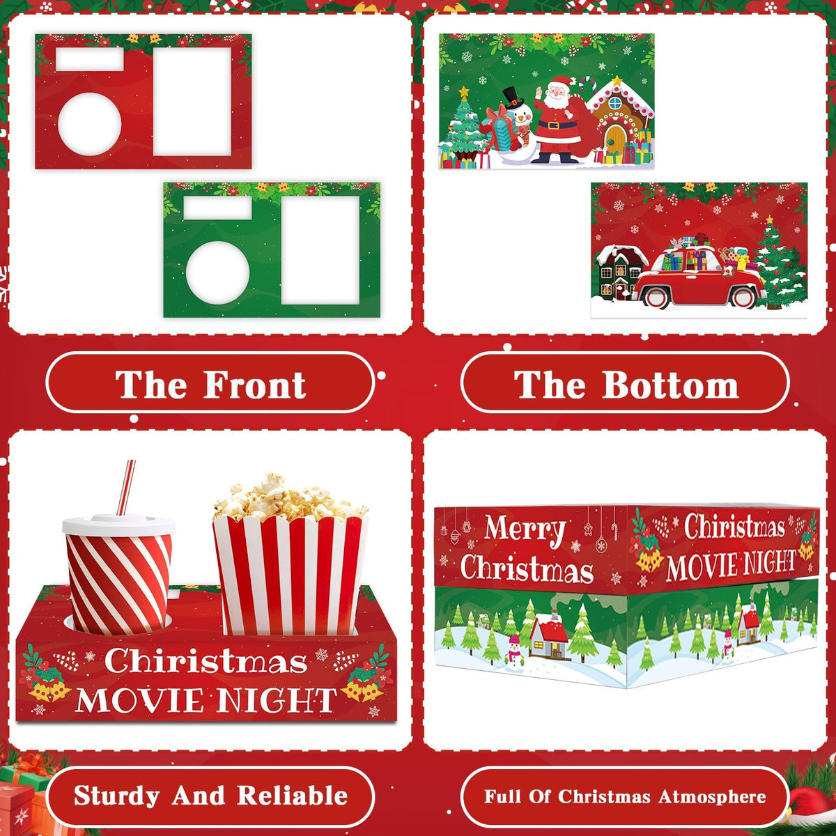 QOUBAI 32Pcs Christmas Party Supplies Movie Night Paper Snacks Boxes Xmas Santa Snowman Cinema Movie Theater Snack Tray Party Decorations Popcorn Drink Holder Set for Holiday Birthday Holiday