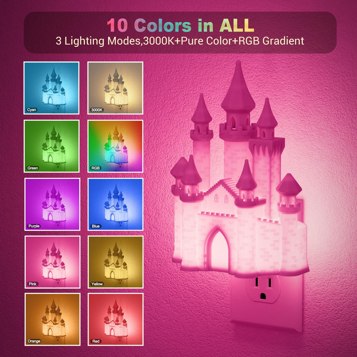 JandCase Night Lights Plug into Wall,3D Printed Castle RGB Night Light,2 Pack 10-Color Change Night Light,Dimmable Nightlights with Dusk to Dawn Sensor for Rooms Bathroom Hallway