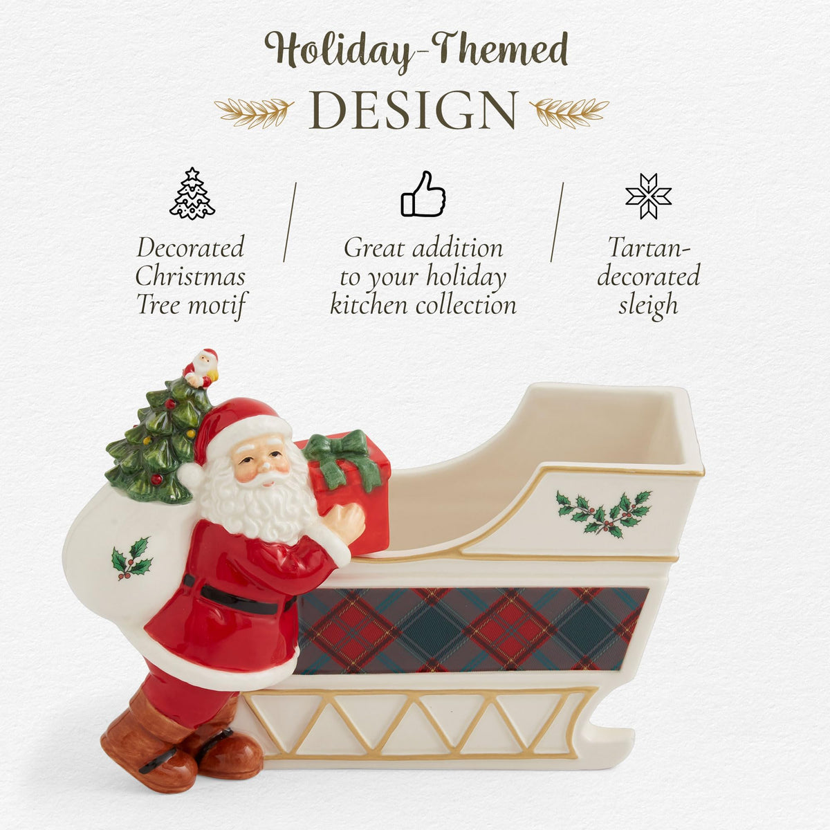 Spode Christmas Tree Santa Sleigh Candy Jar - 8-Inch Christmas Candy Storage Container - Fine Dolomite Figural Santa Sleigh Snack Jar for Holiday Decor, Dessert Tables, Gift Displays