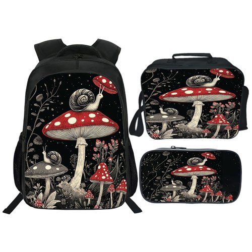 Fuzawet Mushroom Snails Backpack 3PCS 16" Preschool Elementary Schoolbag with Lunch Box Pencil Case Bookbag Set for Girls Boys Kids Children Teens School Students