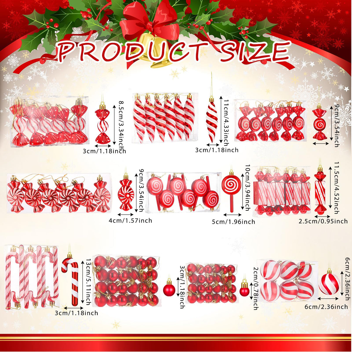 96 Pcs Christmas Tree Ornaments Candy Ball Ornaments Bulk Red and White Hanging Glitter Candy Cane Decorations Christmas Tree Peppermint Swirl Lollipop Decorations for Xmas Party Family Decor