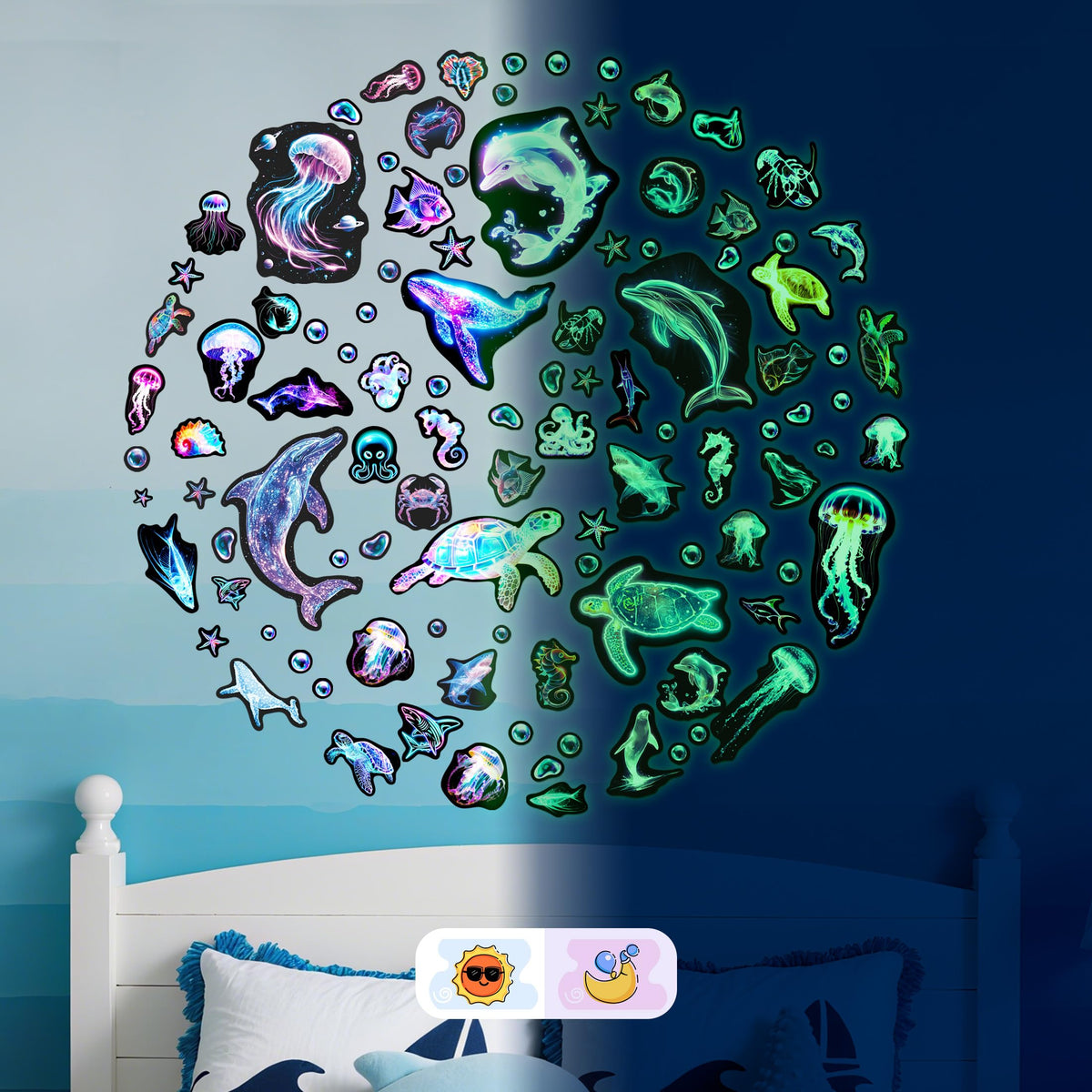 Fantasy Ocean Fish Wall Decals Glow in The Dark, Colorful Neon Ocean Animal Wall Stickers for Kids, Waterproof Vinyl Sea Creature Stickers, Ceiling Walls Room Bathroom Bedroom