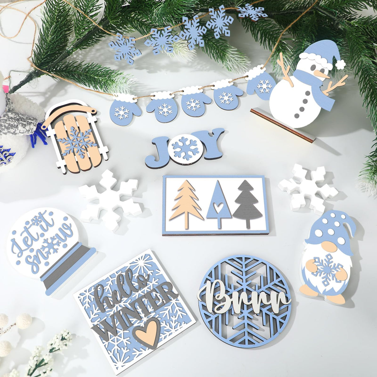 20 Pcs Winter Tray Decor Snowflake Snowman Gnome Wooden Signs Winter Wonderland Table Centerpieces Rustic Farmhouse Winter Tabletop Decorative Trays for Party Home Christmas Holiday