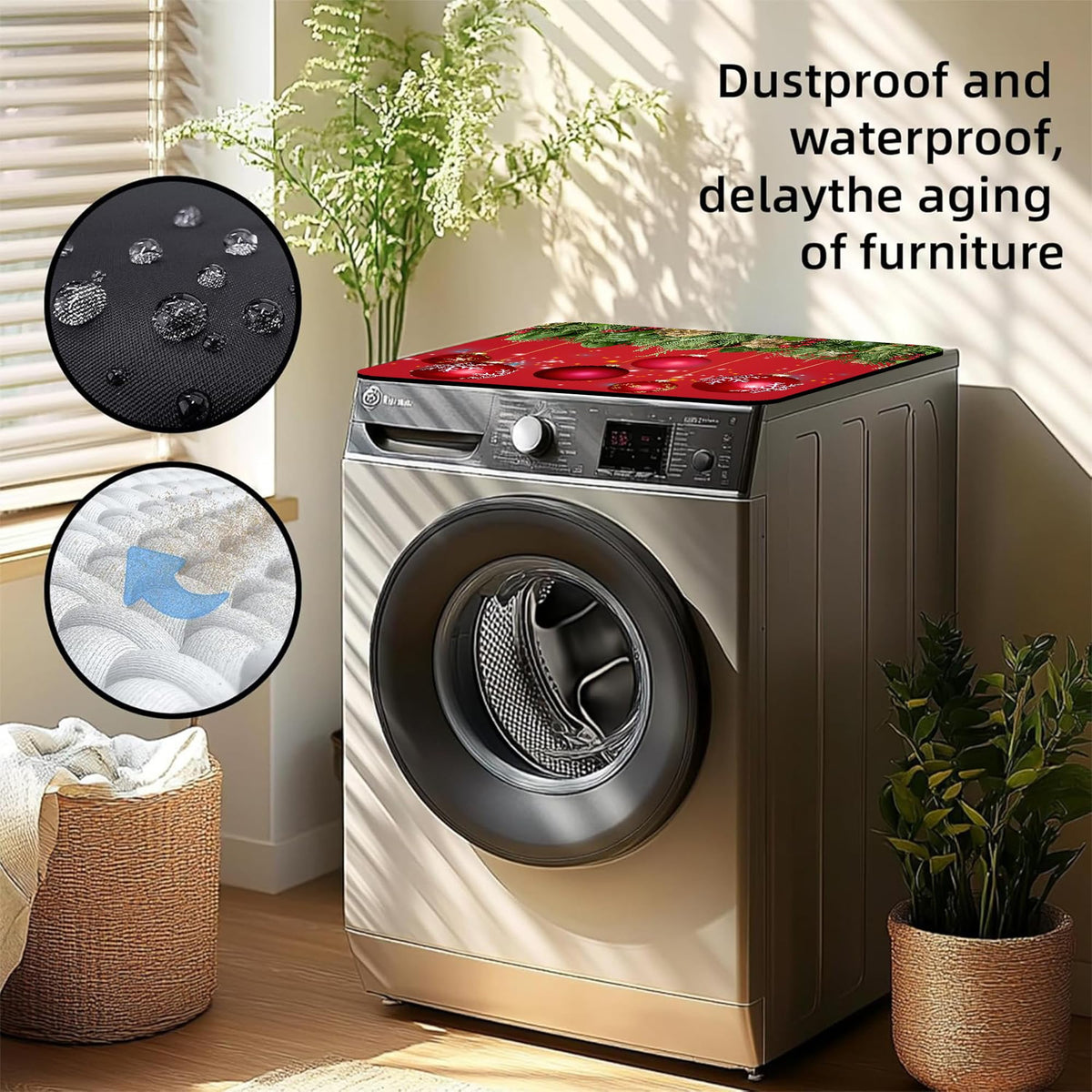 Christmas Fir Twigs and Red Balls Washer and Dryer Covers For The Top, Non-slip Fast Drying Absorbent Dryer Top Protector Mat for Kitchen Laundry Room Decor,23.6"x19.7"