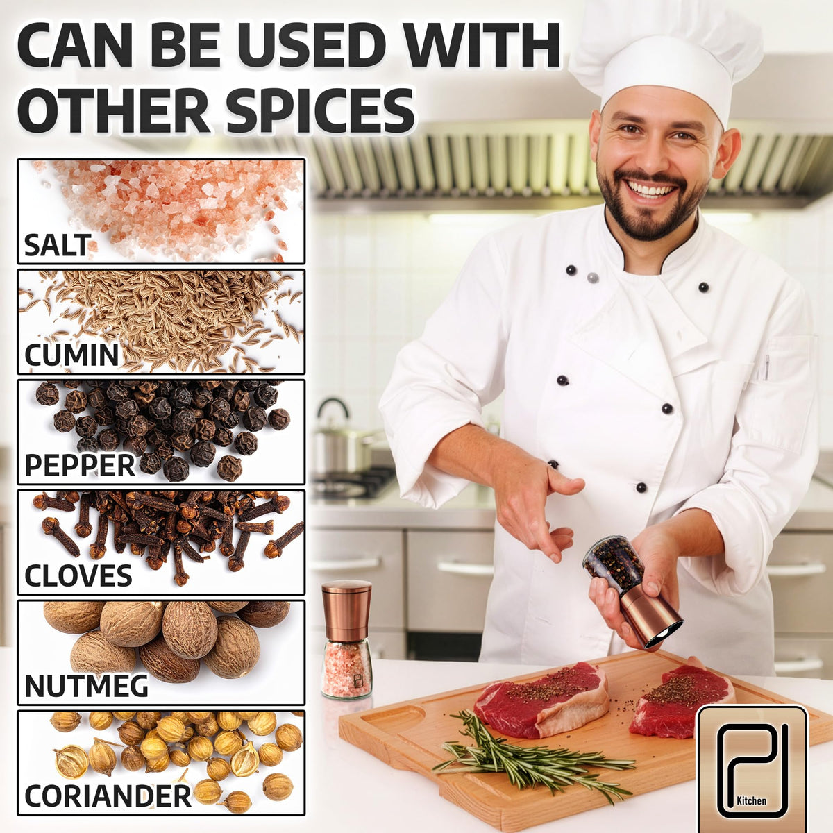 Premium Salt and Pepper Grinder Set w/Bamboo Holder - 6 oz, Copper Stainless Steel - S&P Spice Shakers - Refillable & Adjustable Coarseness Hand Mill for Spices & Seasonings - by PJC-Kitchen