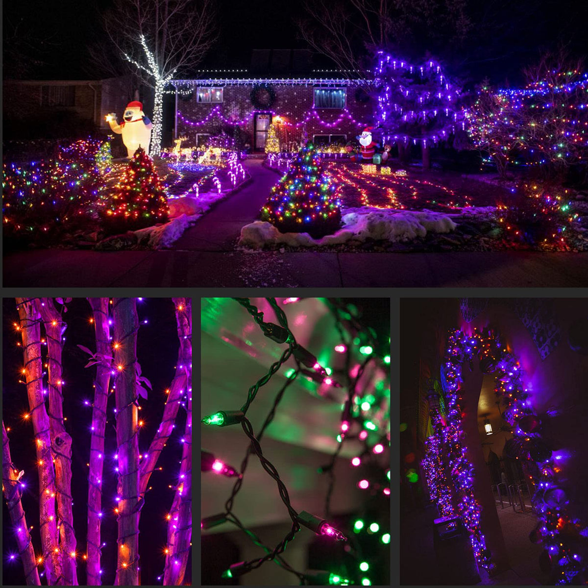 YULETIME 200 Orange Green Purple String Lights, 2-Set 33' 100 ct Black Wire