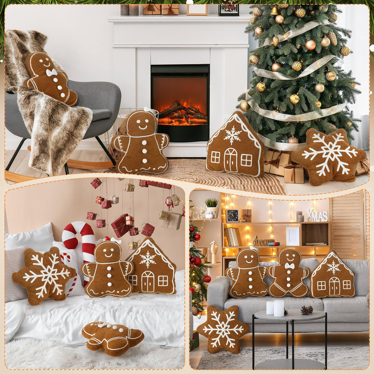 HunnmingRe 4 Pcs Christmas Throw Pillows Fall Football Plush Pillows Winter Holiday Cushion Soft Decorative Cushions for Couch Bedroom Living Room Thanksgiving Xmas Decor(Caramel,Gingerbread)