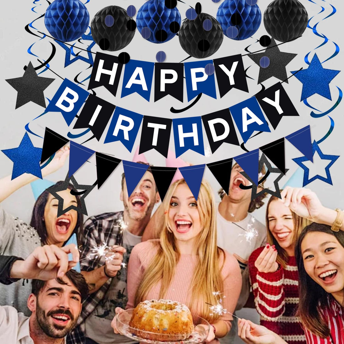 Black Blue Birthday Decorations, Black & Blue Happy Birthday Banner Honeycomb Balls Circle Garland Triangle Banner Stars Hanging Swirl Decoration Kit for HBD‌ Party Decorations