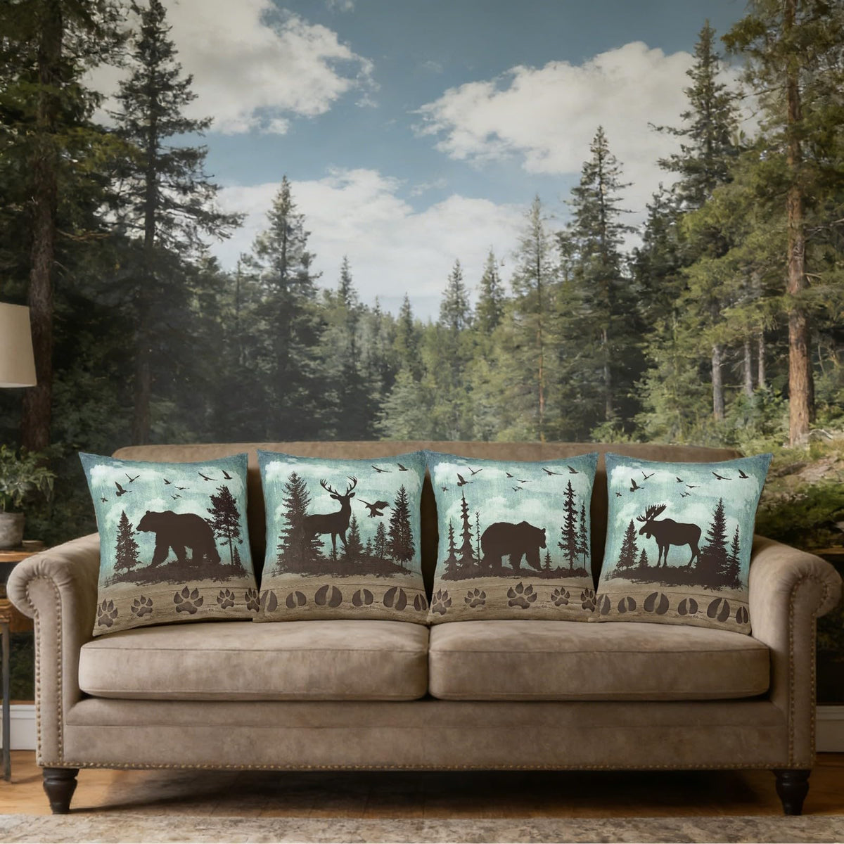 Erosebridal Set of 4 Rustic Hunting Throw Pillow Covers Farmhouse Throw Pillows Covers,Vintage Bear Cabin Deer 18 x 18 Pillow Insert Woodland Animals Accent Pillow Case (Inserts Not Included)