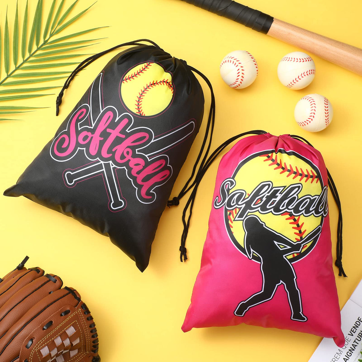 Kingdder 12 Pcs Softball Drawstring Party Favor Bags Softball Treat Bags Baseball Gift Bag for Baseball Party(Pink)