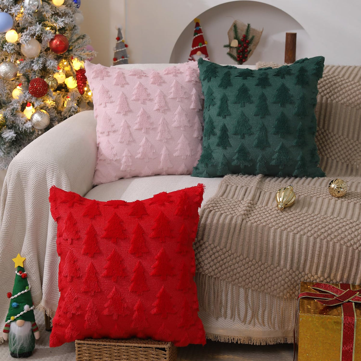 DFXSZ Christmas Tree Pillow Covers 18x18 inch Set of 2 Christmas Decoration Red Soft Plush Faux Fur Jacquard Throw Pillows for Bedroom Sofa Holiday Festivals Winter Home Decor PTK006B18