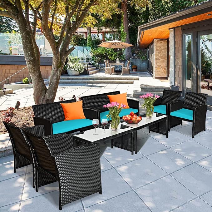 Tangkula 4 Pieces Patio Wicker Conversation Furniture Set, Patiojoy Sofa &