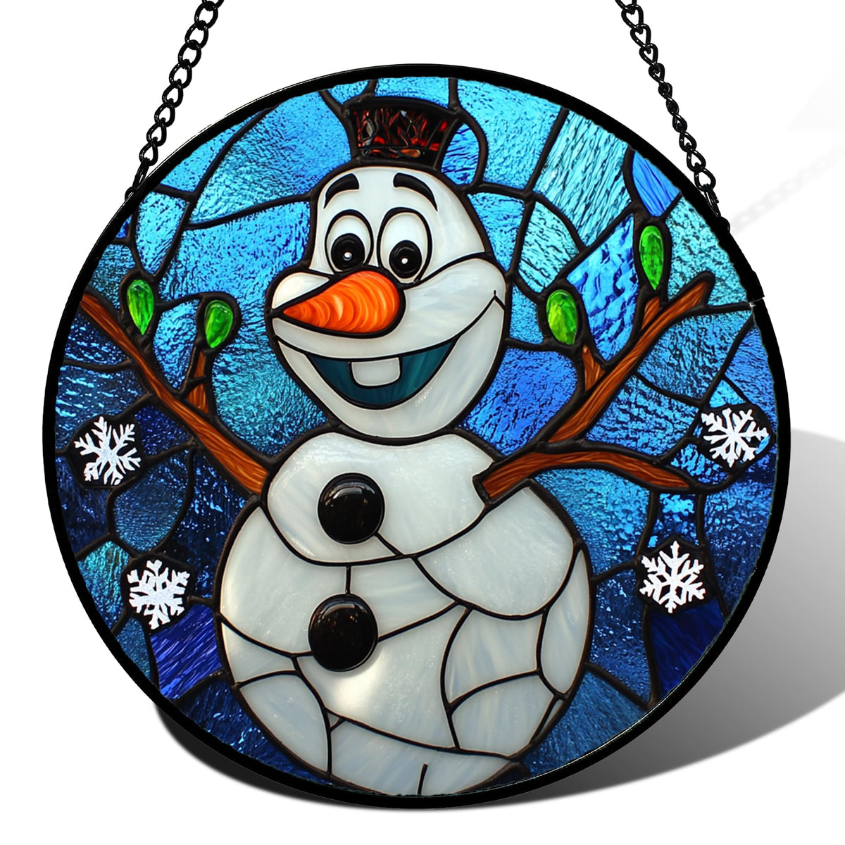 JOSUMALY Stained Glass Window Hanging Christmas Funny Snowman 15" - Suncatcher Door Garden Blue White Snowflakes Sun Catcher New Year Birthday for Friend Mom Men Woman Nana